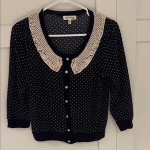 Monteau Navy Cardigan with Cream Lace Collar